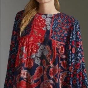 BInk London x Anthropologie MIRANDA PEASANT Red Blue Floral Blouse Sz S
